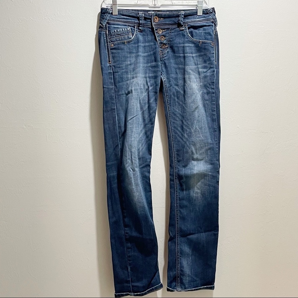 MOGUL JEANS Women’s ALICE Stretch Cotton Offset Button Fly Straight Jeans Sz 28